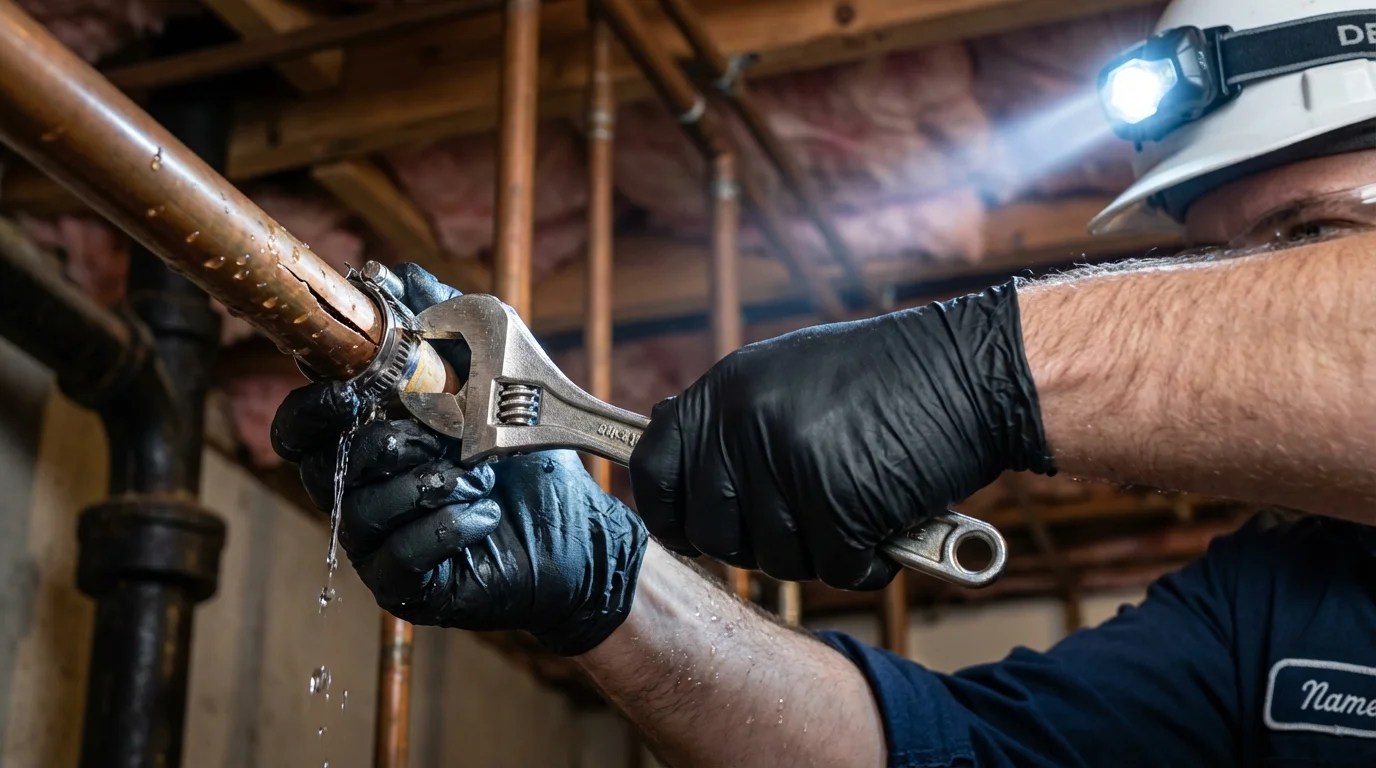 Emergency pipe clamp repair being performed by a Johns Plumbing LLC plumber in Linden
