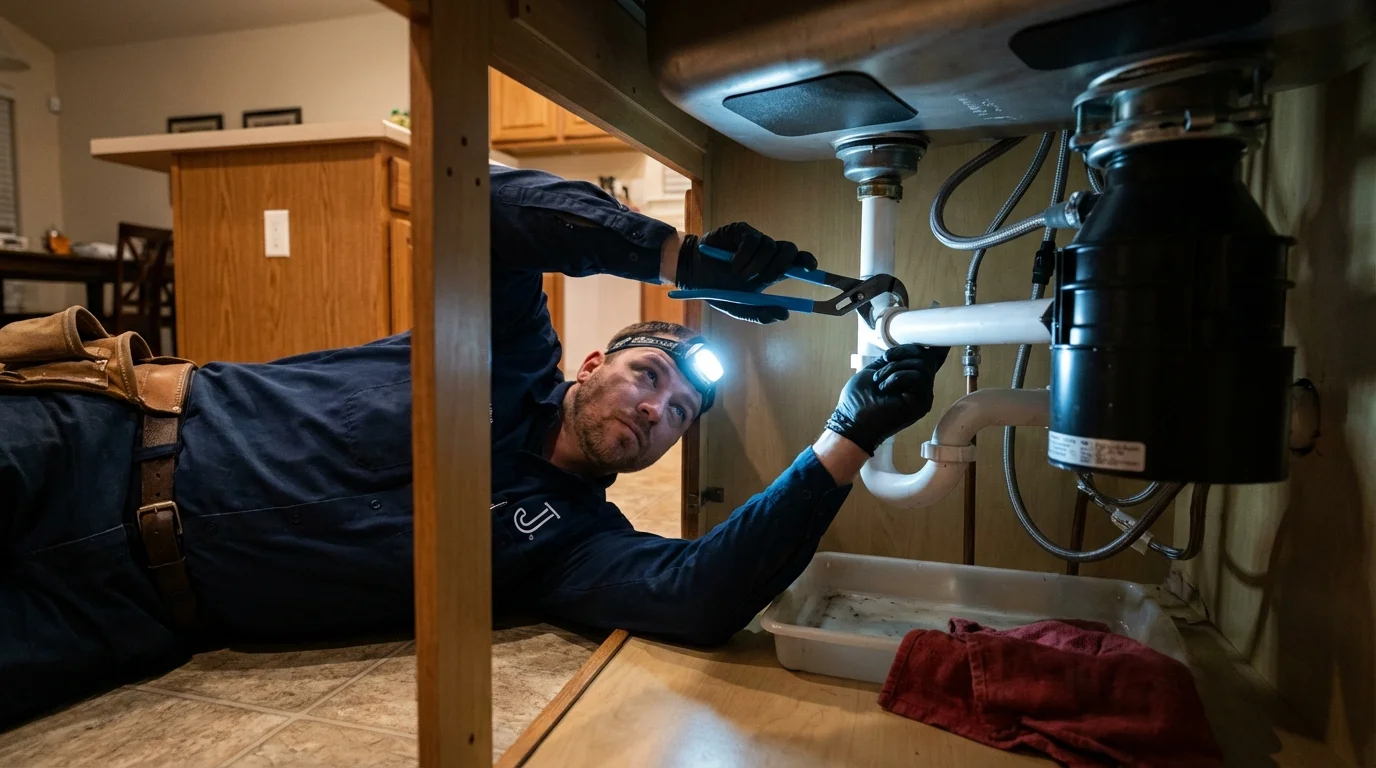 P-trap and supply line connections under a kitchen sink showing a common leak point in Linden, MI